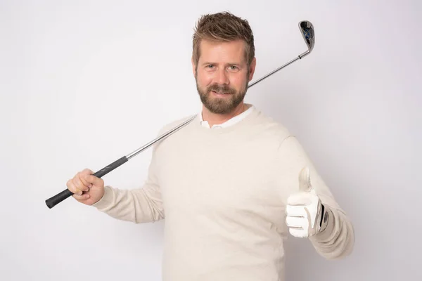 Młody Przystojny Mężczyzna Gra Golfa Kciukiem Górę Stojąc Odizolowany Białym — Zdjęcie stockowe