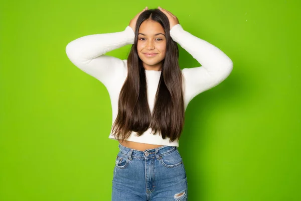 Surprise Brunette Girl White Sweater Standing Green Background — Foto Stock