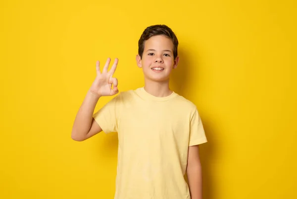 Smiling Boy Casual Shirt Showing Okay Sign Standing Isolated Yellow — Fotografia de Stock