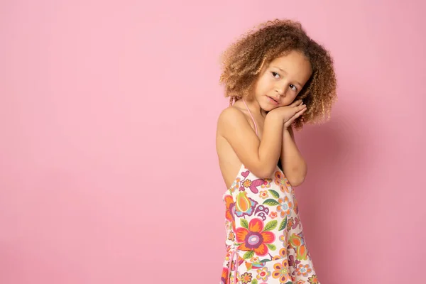 Beautiful Little Girl Summer Dress Making Sleeping Gesture Standing Isolated — Stock Photo, Image