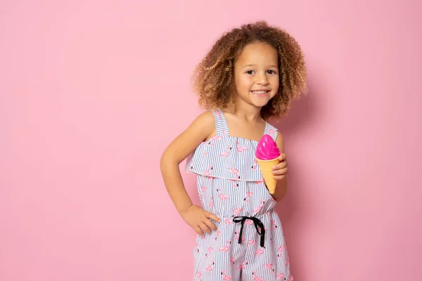Cute Little Girl Summer Clothing Ice Cream Standing Isolated Pink — Stock Photo, Image