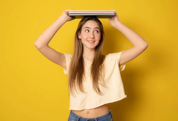 Portrait Cute Young Student Girl Holding Colorful Notebooks Head Isolated — Stock Photo, Image