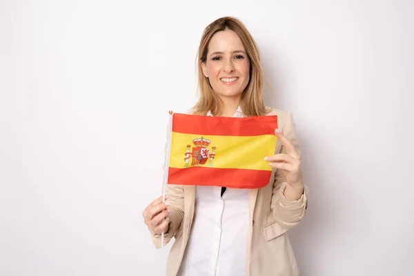 Joven Mujer Hermosa Sosteniendo Bandera España Con Una Cara Feliz —  Fotos de Stock