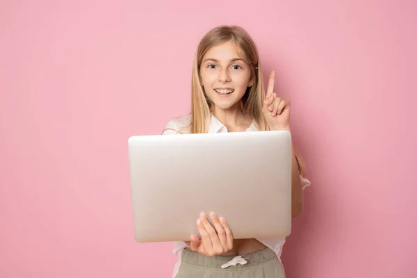 Portrait Little Girl Holding Laptop Computer While Standing Looking Camera — Stock Photo, Image