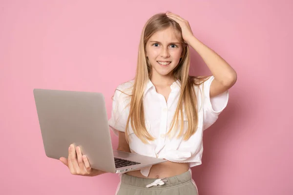 Portrait Little Surprised Girl Holding Laptop Computer While Standing Looking — Stock Photo, Image