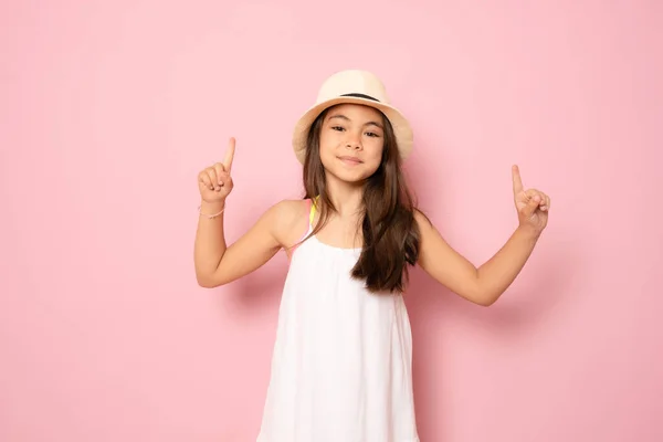 Cheerful Little Kid Girl Years Old White Dress Isolated Pink — Stok fotoğraf