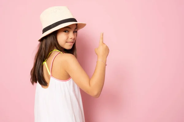 Back View Pretty Cute Kid Girl Straw Hat Pointing Finger — Stock Photo, Image