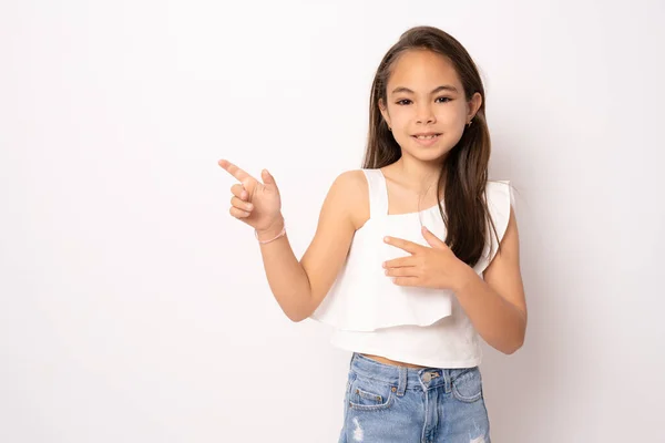 Cheerful Little Kid Girl Years Old Denim Shorts Isolated White — Stok fotoğraf