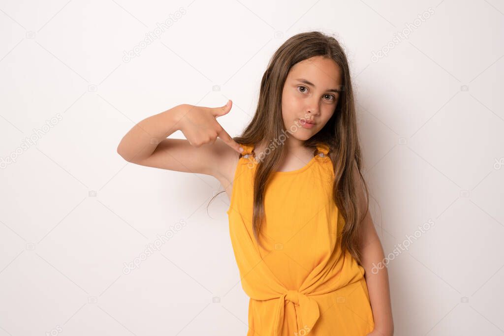 Young brunette woman wearing casual clothes smiling happy pointing with hand and finger herself isolated over white background.