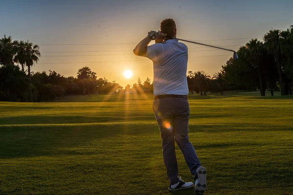 Good Strike Professional Golfer Looking Trajectory Ball Golfer Hitting Golf — Stok fotoğraf