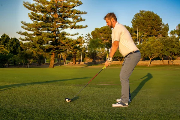 Golf Player Ready Struck Ball Green Grass — Φωτογραφία Αρχείου