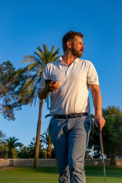 Portrait Young Handsome Golf Player Golf Club Using Smartphone — Stok fotoğraf
