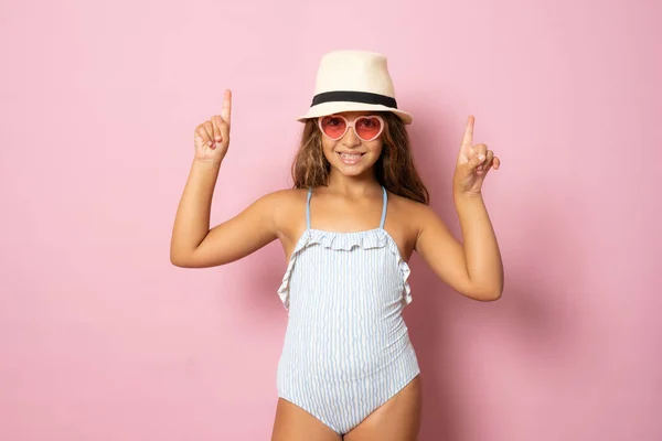 Happy Little Child Swimsuit Straw Hat Pink Background Banner Cute — Zdjęcie stockowe