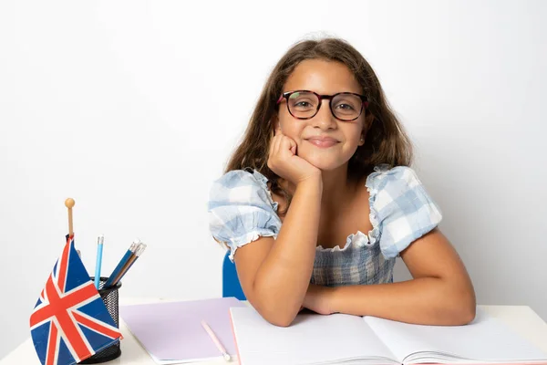 Portrait Positive Smiling School Girl Sitting Desk Isolated White Background — Stockfoto