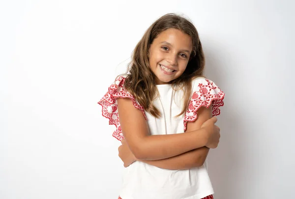 Emotional Portrait Brunette Girl Arms Folded Happy Schoolgirl Looking Camera — Zdjęcie stockowe