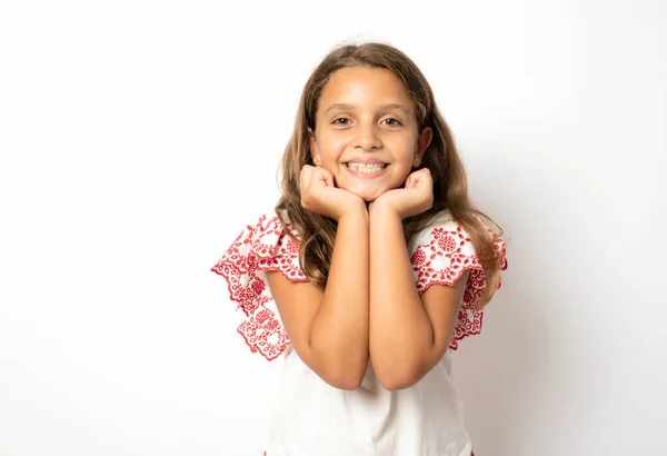 Close Portrait Cute Smiling Kid Girl Standing Isolated White Background — Fotografia de Stock
