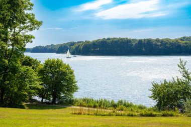 Seaside garden with lawn in waterfront resort. Green grass and ocean coast view from above. Picturesque coastline vista point on steep hill.
