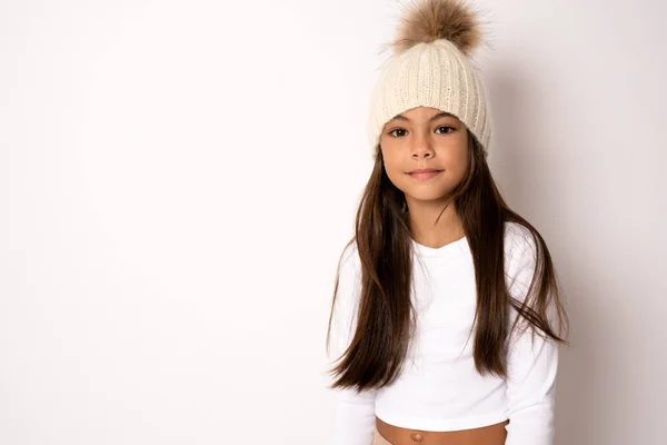 Close Portrait Adorable Smiling Child Girl Wearing Knitted Hat Isolated — Stock Photo, Image