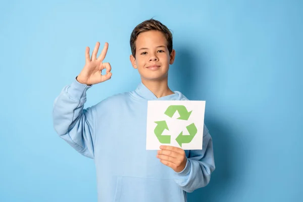 eco living, environment and sustainability concept - smiling boy holding green recycling sign and showing okay gesture over blue background