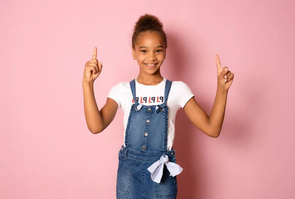 Young Child Girl Pink Wall Showing Lifting Finger Sign Best — Stock Photo, Image