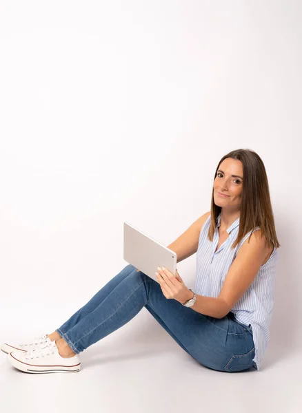 Young Woman Sitting Floor Using Digital Tablet Isolated White Background — Stock Photo, Image