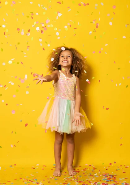 Funny Little Girl Dressed Party Sequins Tutu Blowing Confetti Isolated — Stock Photo, Image