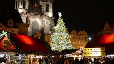 Prague, Çek Cumhuriyeti - Aralık 2013: Noel ağacı Noel mağazaları - eski şehir Meydanı üzerinde kişi ile parlıyor. arka plan tarihi binada.