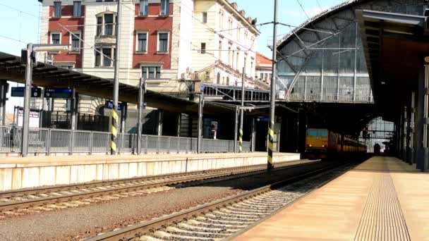 El tren llega a la estación principal de tren — Vídeos de Stock