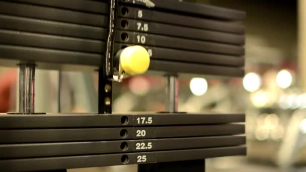 Lift fitness weights, in background gym — Stock Video