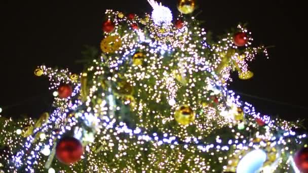 Julgran i natt - stort träd på gatan från taket - suddig (ofokuserad) — Stockvideo