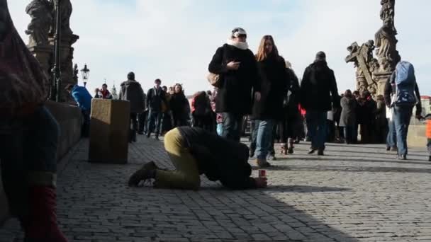 Implorando que o homem e as pessoas andem ao seu redor na Ponte Charles — Vídeo de Stock