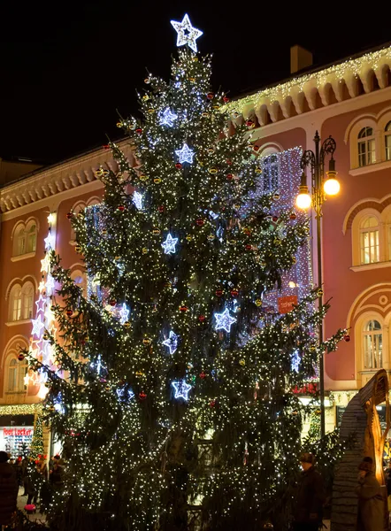 Christmas tree with people with building in background — Stock Photo, Image