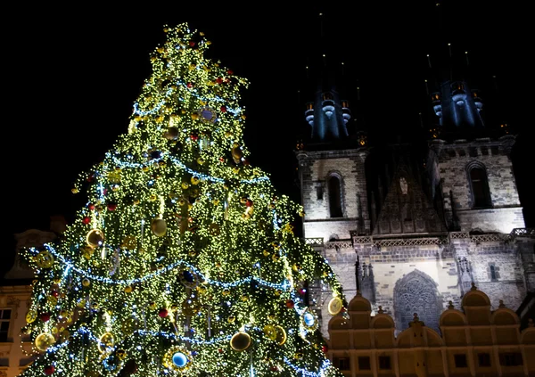 Рождественская елка на фоне церкви Девы Марии на Староместской площади — стоковое фото