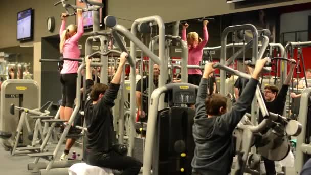 La gente si allena in fitness, palestra. Allenati. Rafforzamento della schiena . — Video Stock