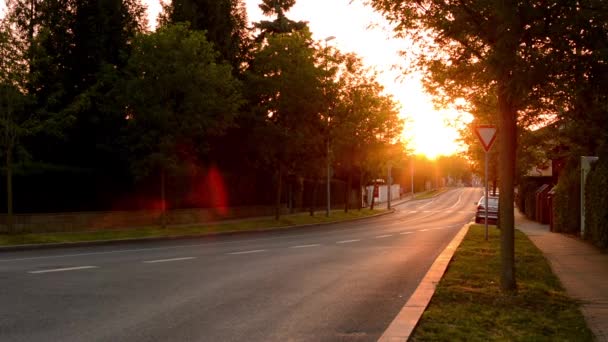 Pôr do sol. Rua com carros e pessoas e natureza . — Vídeo de Stock