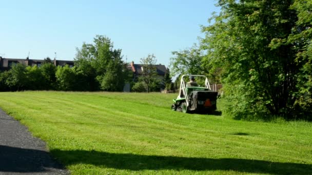 Man snijdt het gras (openbare diensten): grasmaaier — Stockvideo