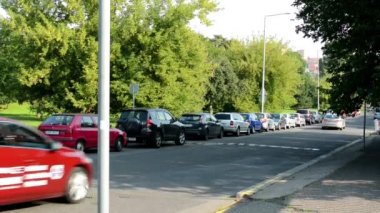 trafik işaretleri - hız sınırı 30 ve hız humps - kentsel sokak geçen arabalar ve otopark - doğa (ağaç) - şehir içinde geçmiş ile