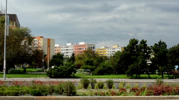 Housing estate (flats) - road with passing cars - nature — Stock Video