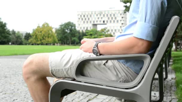 Hombre sentado en el parque en el banco - pavimento - parque (árboles y hierba ) — Vídeo de stock