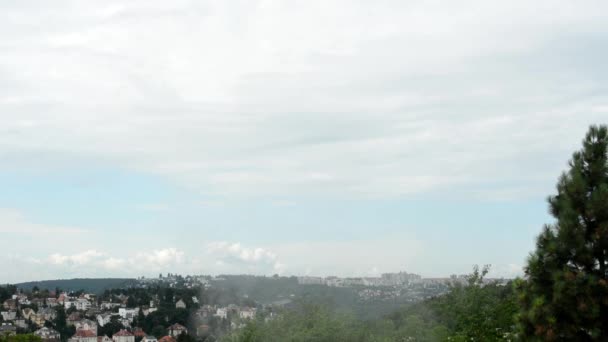 Staden med skog - träd - steam (ånga) - blå himmel — Stockvideo