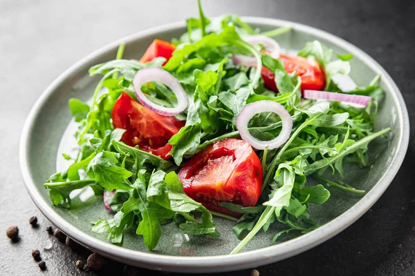Rúcula Salada Tomate Vegetal Prato Refeição Fresca Lanche Mesa Cópia — Fotografia de Stock