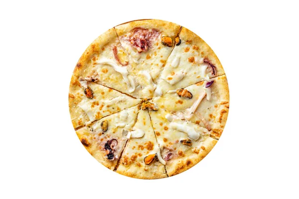 Zeevruchten Pizza Witte Saus Afhaalmossel Inktvis Octopus Garnalen Kaas Fast — Stockfoto