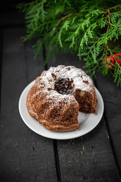 Weihnachtskuchen Hausgemachte Kuchen Süßes Dessert Weihnachtskarte Neujahr Biskuitkuchen Schokolade Würzigen — Stockfoto