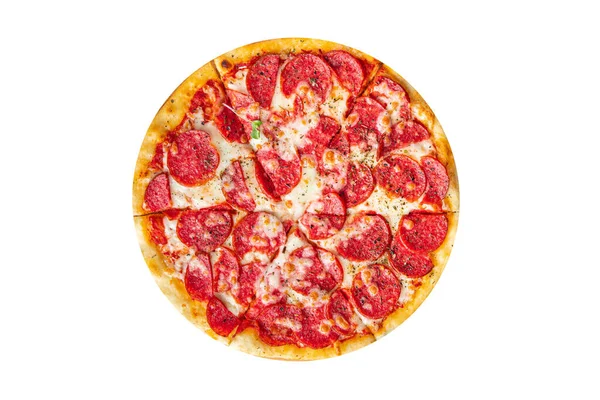 Pizza Salami Fast Food Pepperoni Kiełbasa Ser Sos Pomidorowy Ciasto — Zdjęcie stockowe