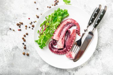 ahtapot yemeği tabakta yenir ikinci tabak deniz mahsulü taze yemek hazır yemek için masa üzerinde fotokopi çekilir arka plan kırsalında. Ya keto ya da vejetaryen et yok, vejetaryen et yok.