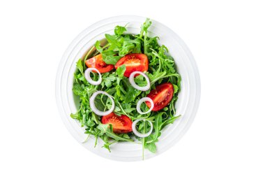 salata roka, domates, soğan taze sebze tabağı atıştırmalığı fotokopi masasında. 