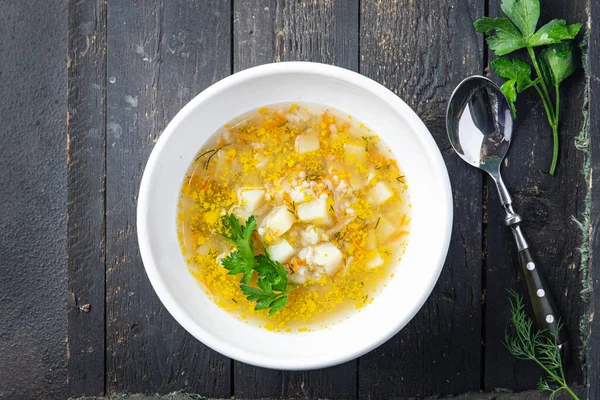 Sopa Arroz Com Legumes Prontos Para Comer Refeição Lanche Mesa — Fotografia de Stock