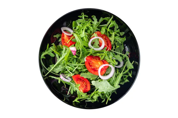 Salad Arugula Sayuran Segar Tomat Makanan Ringan Bawang Atas Meja — Stok Foto