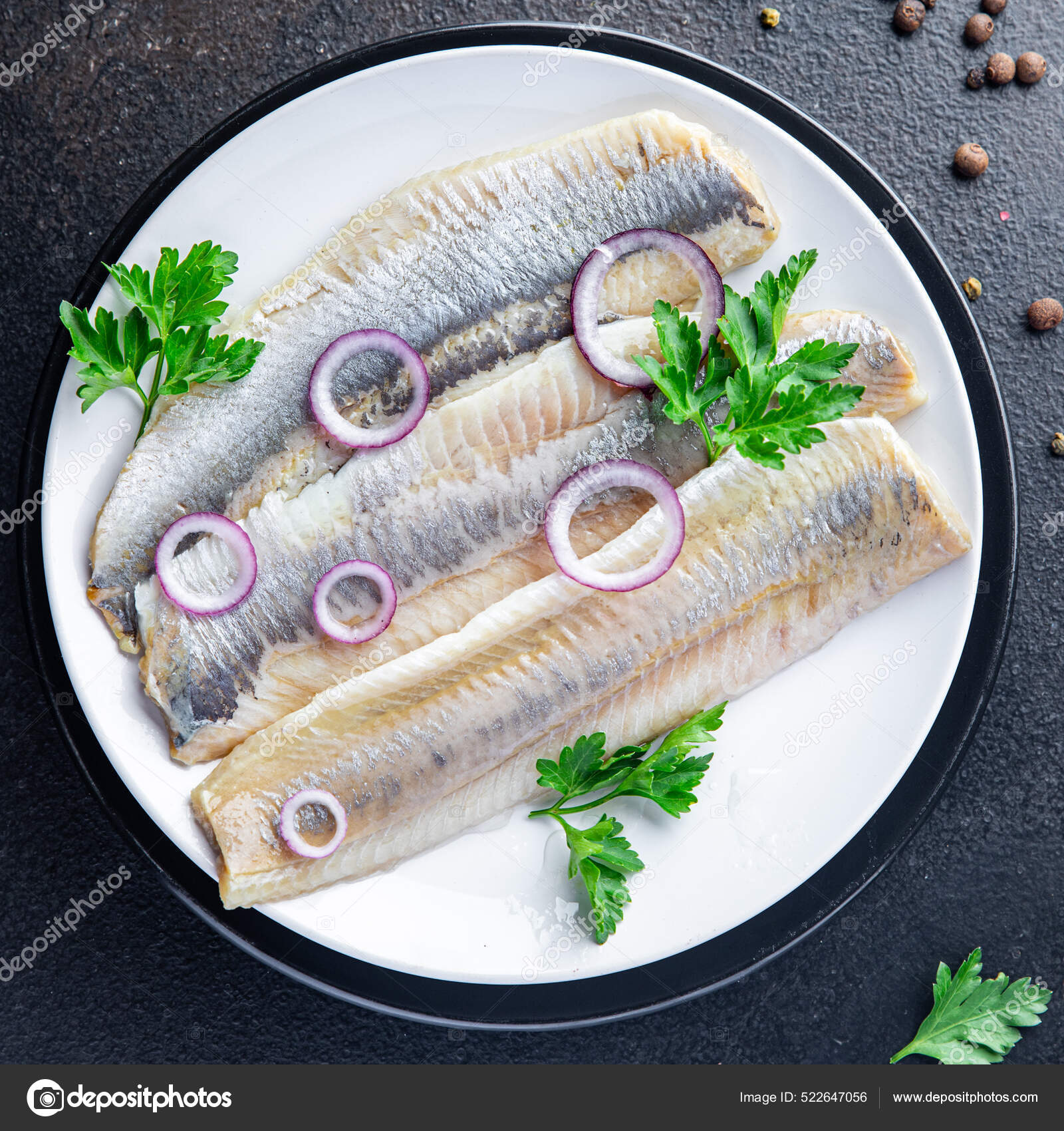 Herring Fish Fillet Fresh Seafood Meal Snack Table Copy Space Stock