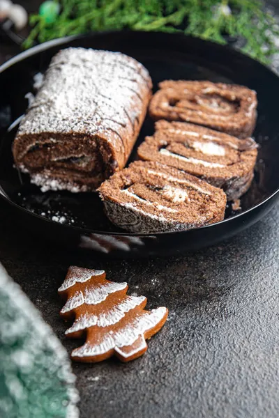 Christmas Cake Roll Chocolate White Cream New Year Meal Snack — Stock Photo, Image